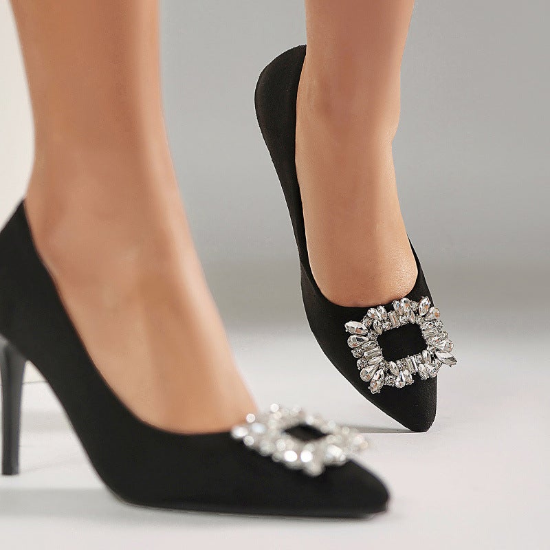2026 New Style French Pointed-Toe High Heels With Thin Heels, Sizes 40-46, Square Pearl Buckle, Rhinestone Shallow Fashion Pumps - Image 5