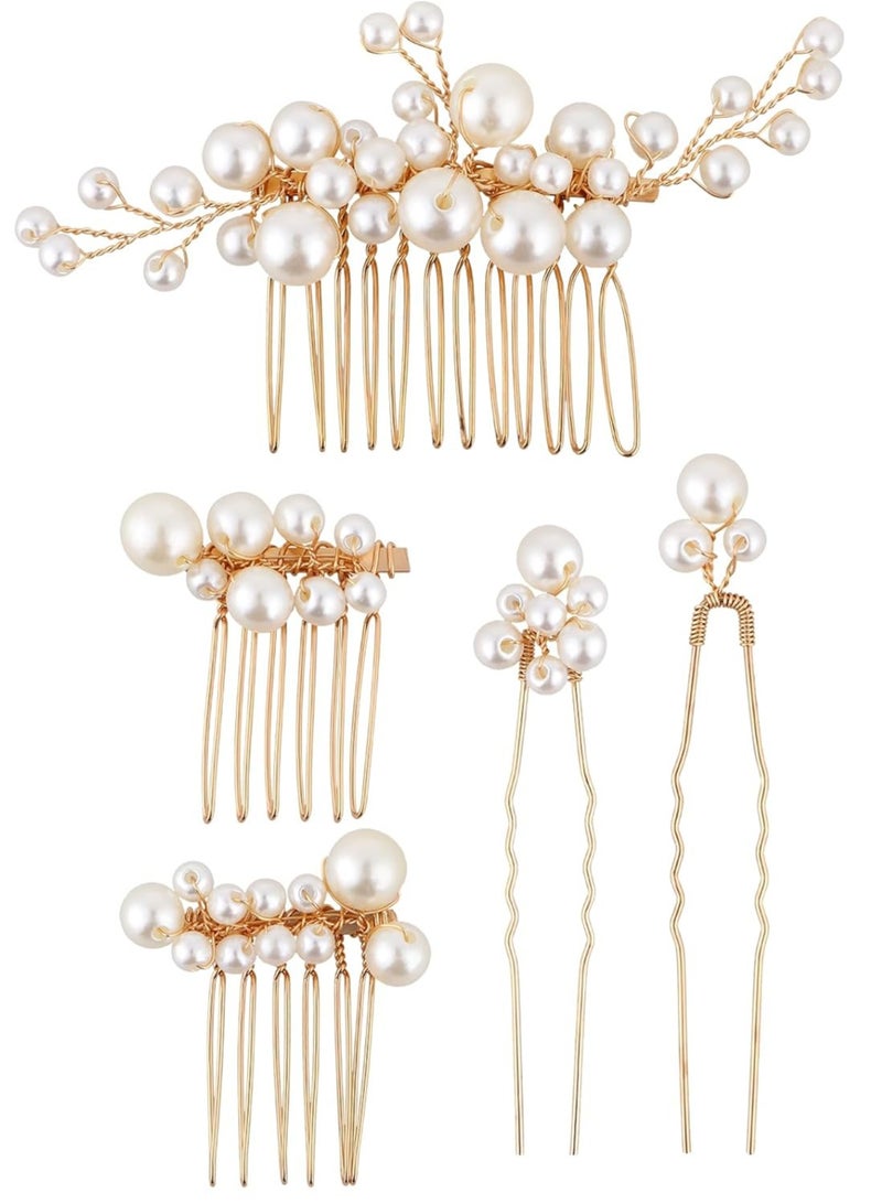 Excefore 5 Pcs Pearl Bride Wedding Hair Comb, U Shape Bridal Hair Clip Faux Pearl Bridal Side Combs Gold Hair Comb Barrette Vintage Aesthetic Bridal Hair Accessories for Women Girls - Image 1