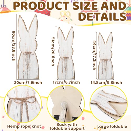 GlikCeil 3 Pcs Easter Bunny Decor for Porch Easter Wooden Porch Sign Farmhouse Freestanding Rabbit with Ribbon for Outdoor Front Door Yard Garden - Image 3