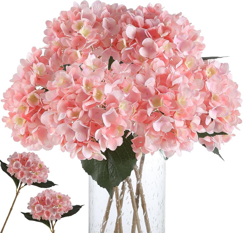 Kisflower 6 قطع زهور الهدرانج الوردية الصناعية - زهور هدرانج مقلدة، زهور حريرية مقلدة للقطعة المركزية للطاولة، زهور هدرانج حريرية مع سيقان لديكور المنزل وحفلات الزفاف والحفلات - Image 1