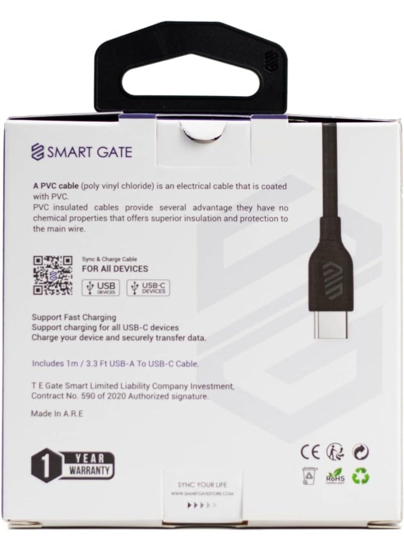 Smart Gate Cable SGCA-PACF100B PVC USB-A to USB-C Fast, Shielded 1m Black - Image 2
