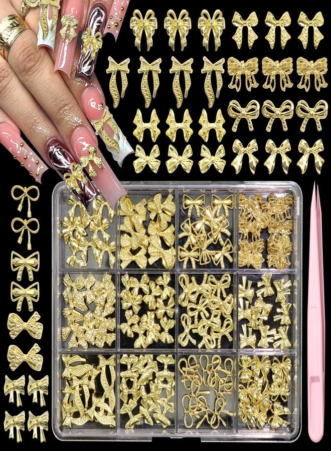 BELICEY 120Pcs 3D Bow Nail Charms, 12Styles Gold Bows Nail Art Charms, Alloy Bowknot Charms for Acrylic Nails, Cute Golden Bow Nail Jewelry for Nails Design Manicure Crafts - Image 1