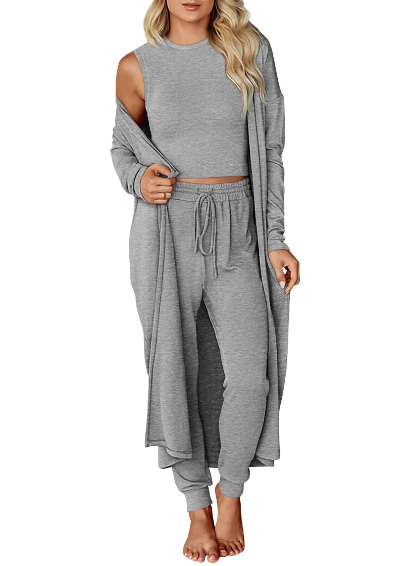 KIRUNDO 3 Piece Lounge Sets for Women Airport Travel Vacation Outfits Spring Cardigan Matching Sleeveless Top Jogger Pants(Light Grey, Large) - Image 1