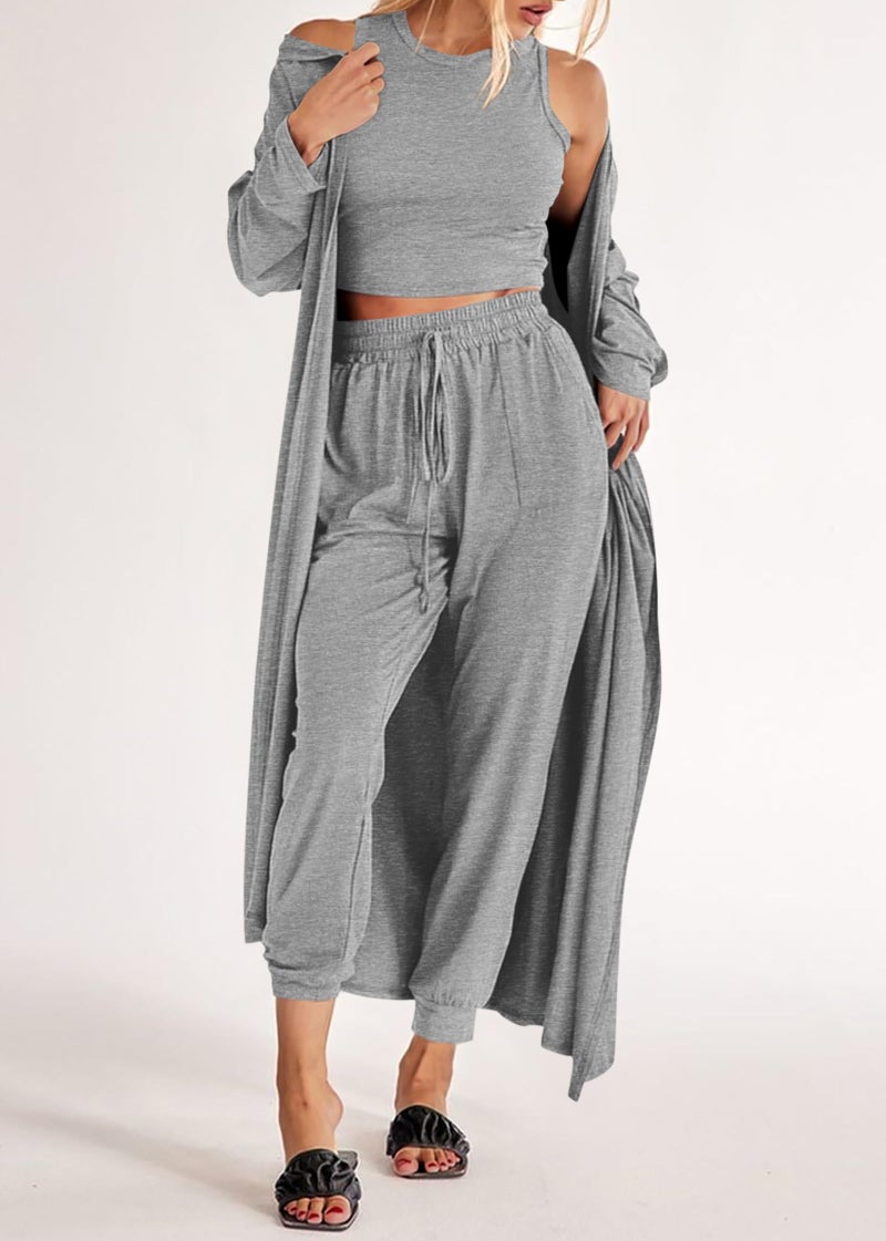 KIRUNDO 3 Piece Lounge Sets for Women Airport Travel Vacation Outfits Spring Cardigan Matching Sleeveless Top Jogger Pants(Light Grey, Large) - Image 3
