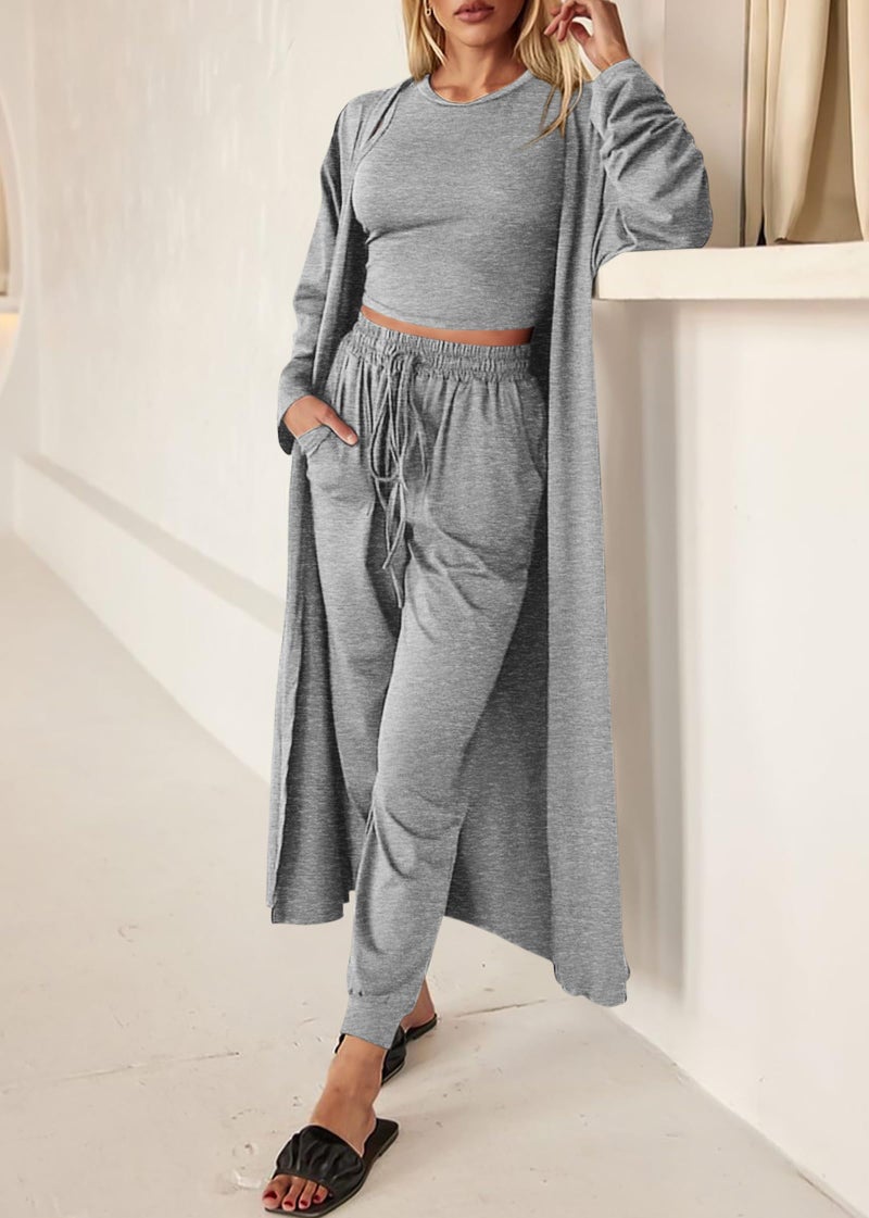 KIRUNDO 3 Piece Lounge Sets for Women Airport Travel Vacation Outfits Spring Cardigan Matching Sleeveless Top Jogger Pants(Light Grey, Large) - Image 4