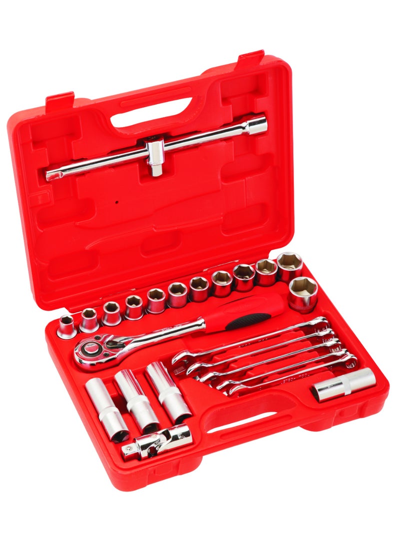 jetechtool مجموعة مفاتيح جتيك 25 قطعة مقاس متري، محركات 1/2 بوصة، مفاتيح كروم فاندوم، مفتاح ربط، قضيب تمديد، وصلة عالمية وثلاثية الوظائف، مفتاح شمعات الإشعال، مفاتيح مع صندوق تخزين – SK1/2-25SP - Image 1