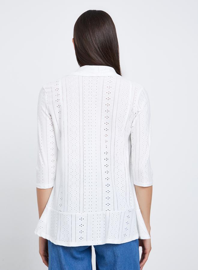 تايك تو كارديجان نسائي أبيض سادة بتفاصيل دانتيل وفتحة أمامية - Image 4