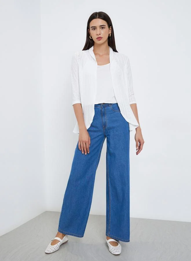 Take Two Women White Solid Eyelet Detail Open Front Shrug