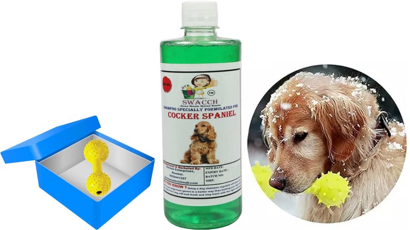 swacch Cocker Spaniel Dog Shampoo + Dumbbell Toy I Durable Rubber Dog Toy for Chewing I Playing,Teeth Cleaning & Training Toy I Combo Pack I 500ml Neem Alovera - Image 1