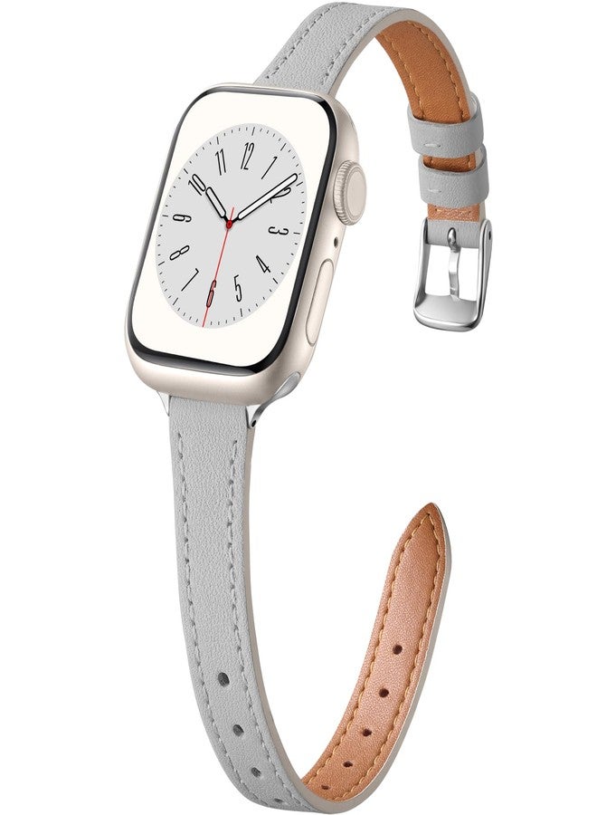 Charlam Slim Leather Band Compatible with Apple Watch Band 40mm 38mm 41mm 42mm 44mm 45mm 46mm Women,Top Grain Genuine Leather Strap Thin Wristband for iWatch Series 11 10 9 8 7 6 5 4 3 2 1 SE 3, Grey - Image 1