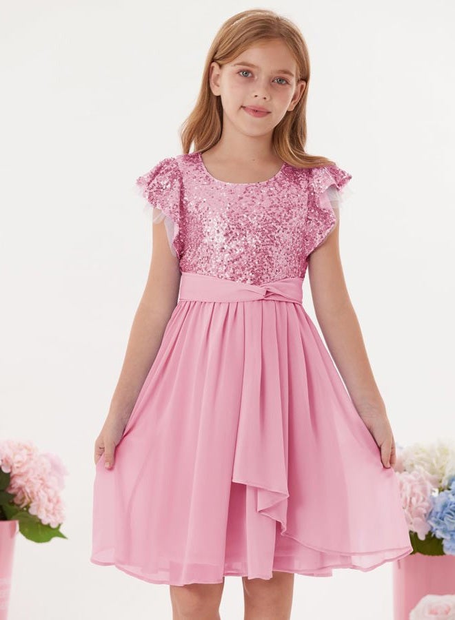 GRACE KARIN Girls Sequin Chiffon Dress Party Birthday Prom Formal Fancy Midi Dress 5-12 Years, Pink, 10 Years - Image 3