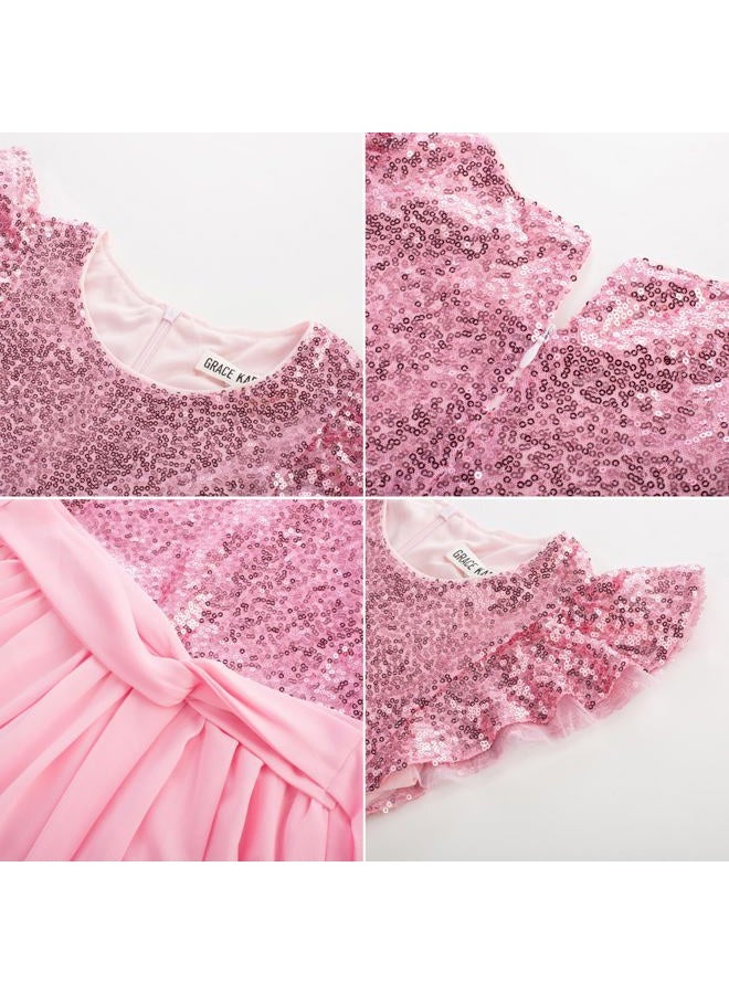 GRACE KARIN Girls Sequin Chiffon Dress Party Birthday Prom Formal Fancy Midi Dress 5-12 Years, Pink, 10 Years - Image 5