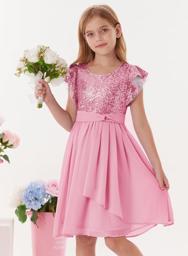 GRACE KARIN Girls Sequin Chiffon Dress Party Birthday Prom Formal Fancy Midi Dress 5-12 Years, Pink, 10 Years - Image 4