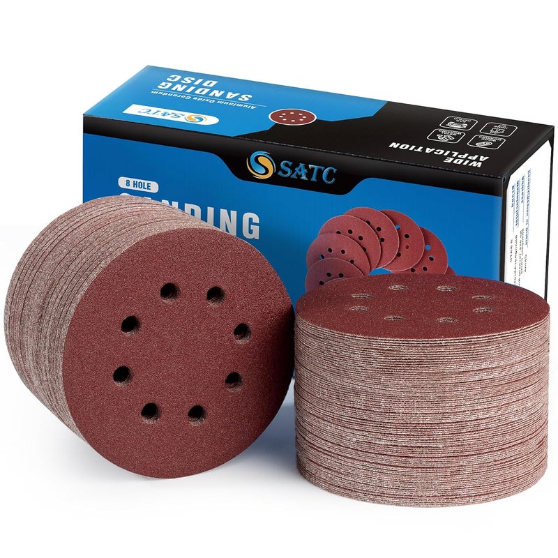 S SATC 150 PCS Sanding Discs 80 Grit Hook and Loop 5 Inch 8 Hole Adhesive Sandpaper for Woodworking and Automotive - Image 1
