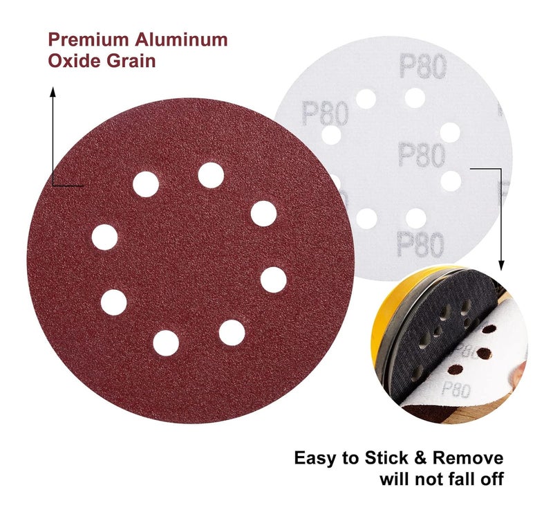 S SATC 150 PCS Sanding Discs 80 Grit Hook and Loop 5 Inch 8 Hole Adhesive Sandpaper for Woodworking and Automotive - Image 3