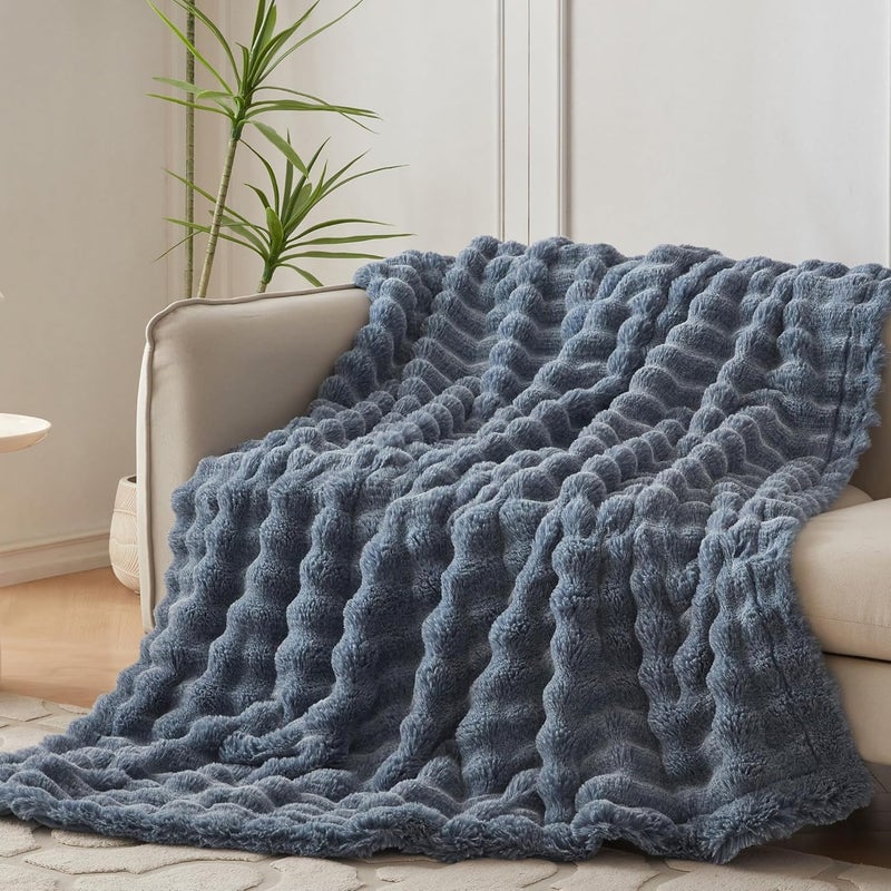 COOVA Faux Fur Throw Blanket for Couch, Cozy Soft and Fuzzy Plush Rabbit Fur Bubble Blanket for Sofa Bedroom Living Room, 50x60 Inches Cationic Dark Blue - Image 2