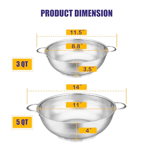 E-far Efar 3QT 5QT Colander Set of 2 Stainless Steel MicroPerforated Colander Strainer with Handle for KitchenDraining PastaRinsing Vegetables Fruits Heavy Duty Metal Dishwasher Safe - Image 3