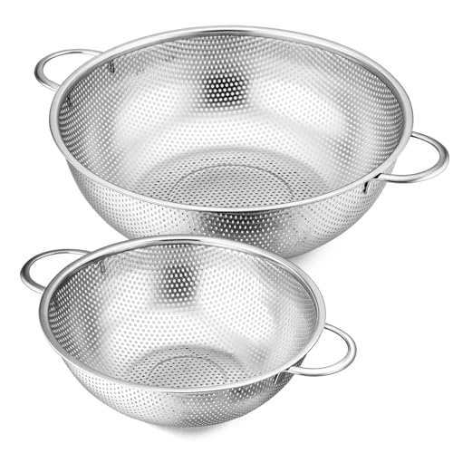 E-far Efar 3QT 5QT Colander Set of 2 Stainless Steel MicroPerforated Colander Strainer with Handle for KitchenDraining PastaRinsing Vegetables Fruits Heavy Duty Metal Dishwasher Safe - Image 1