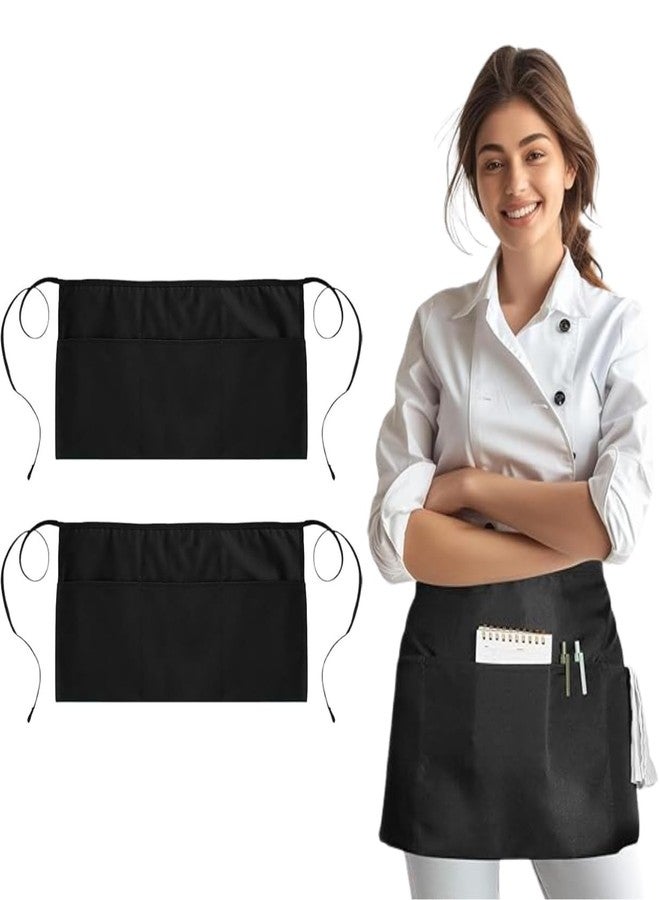 uniformer Server Aprons With 3 Pockets - Waist Apron, Waitress Apron For Women And Man, Water Resistant With Long Waist Strap Reinforced Seams, Half Apron (2 Pack of Black) - Image 1