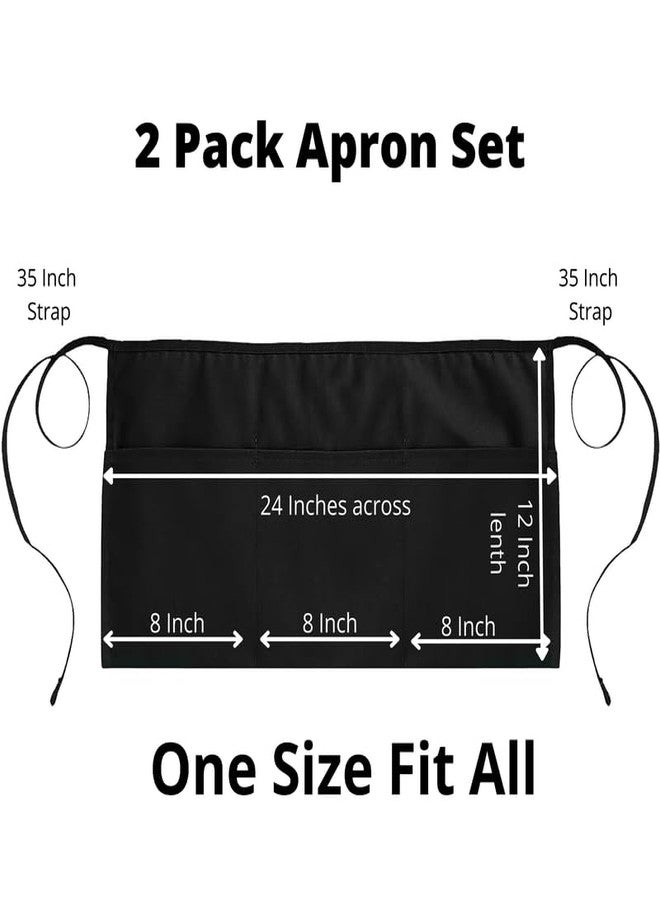 uniformer Server Aprons With 3 Pockets - Waist Apron, Waitress Apron For Women And Man, Water Resistant With Long Waist Strap Reinforced Seams, Half Apron (2 Pack of Black) - Image 4