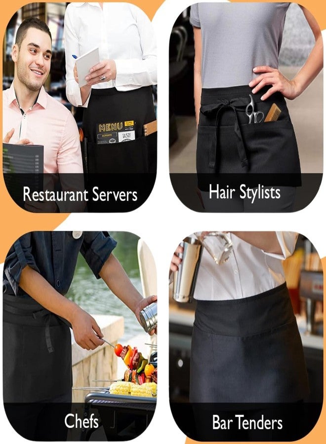 uniformer Server Aprons With 3 Pockets - Waist Apron, Waitress Apron For Women And Man, Water Resistant With Long Waist Strap Reinforced Seams, Half Apron (2 Pack of Black) - Image 2