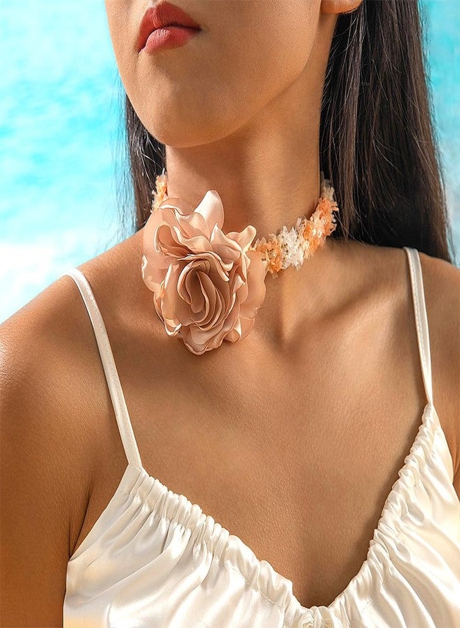 FUTIMELY Unique Rose Flower Choker Necklace for Women,Big Lace Braided Floral Collar Necklace for Bride,Fashion Camellia Flower Short Neck Accessories (Orange) - Image 3