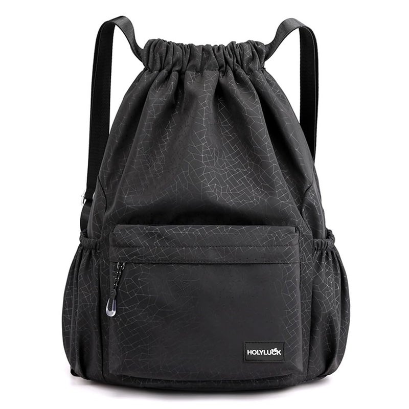 HOLYLUCK Drawstring Backpack Sports Gym Bag Water Resistant String Bag Cinch Sackpack with Side Zipper Pocket for Shopping Sport Yoga -black - Image 1