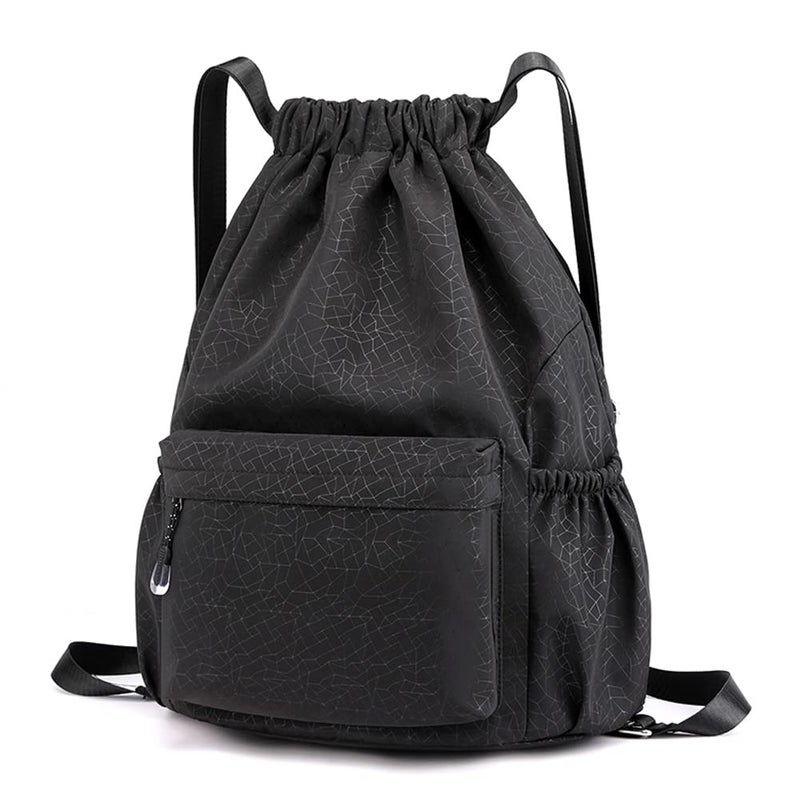 HOLYLUCK Drawstring Backpack Sports Gym Bag Water Resistant String Bag Cinch Sackpack with Side Zipper Pocket for Shopping Sport Yoga -black - Image 2