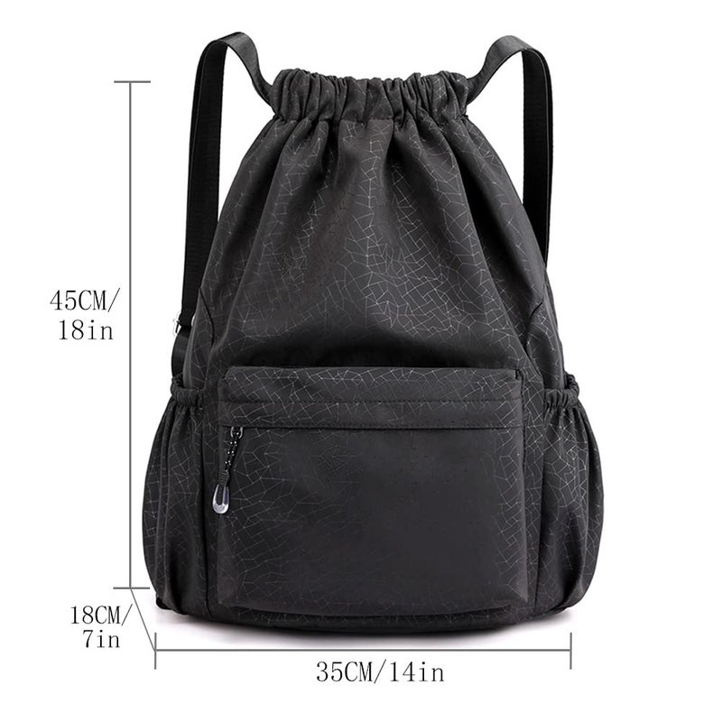 HOLYLUCK Drawstring Backpack Sports Gym Bag Water Resistant String Bag Cinch Sackpack with Side Zipper Pocket for Shopping Sport Yoga -black - Image 3