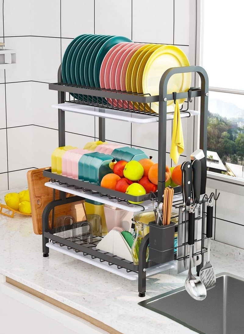 MissTiara 3 Tier Foldable Dish Drying Rack with Utensil Holder & Cutting Board Holder & Drainboard Tray, Rotatable Drainage System Scratch Resistant Frosted Baking Process Coatings, Large Black  - Image 2