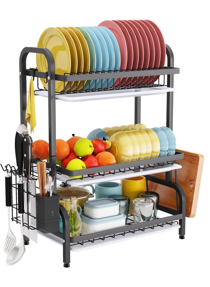MissTiara 3 Tier Foldable Dish Drying Rack with Utensil Holder & Cutting Board Holder & Drainboard Tray, Rotatable Drainage System Scratch Resistant Frosted Baking Process Coatings, Large Black  - Image 3