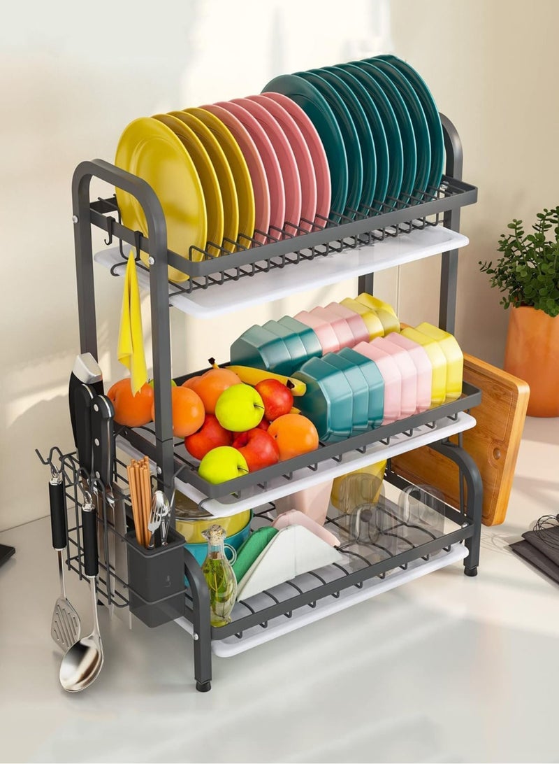MissTiara 3 Tier Foldable Dish Drying Rack with Utensil Holder & Cutting Board Holder & Drainboard Tray, Rotatable Drainage System Scratch Resistant Frosted Baking Process Coatings, Large Black  - Image 1