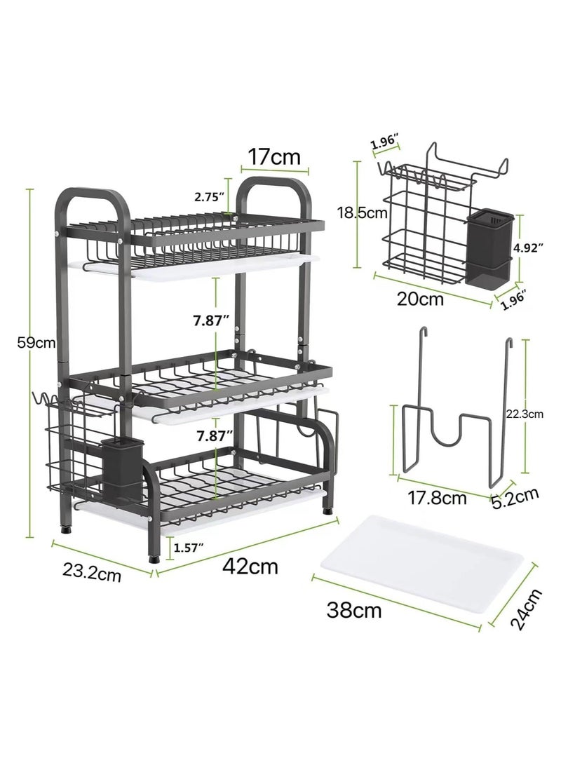 MissTiara 3 Tier Foldable Dish Drying Rack with Utensil Holder & Cutting Board Holder & Drainboard Tray, Rotatable Drainage System Scratch Resistant Frosted Baking Process Coatings, Large Black  - Image 4