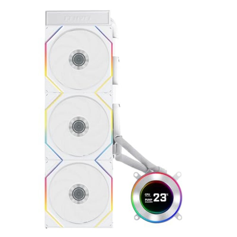 Hydroshift II 360 RGB Liquid CPU Cooler for desktop PCs, white plastic and aluminum, white color, 360mm AIO with 3x 120mm RGB fans, 2.1 IPS LCD screen, 3 control modes, flexible tube clamp, compatible with LGA 1851/1700 and AMD AM5/AM4 - Image 1