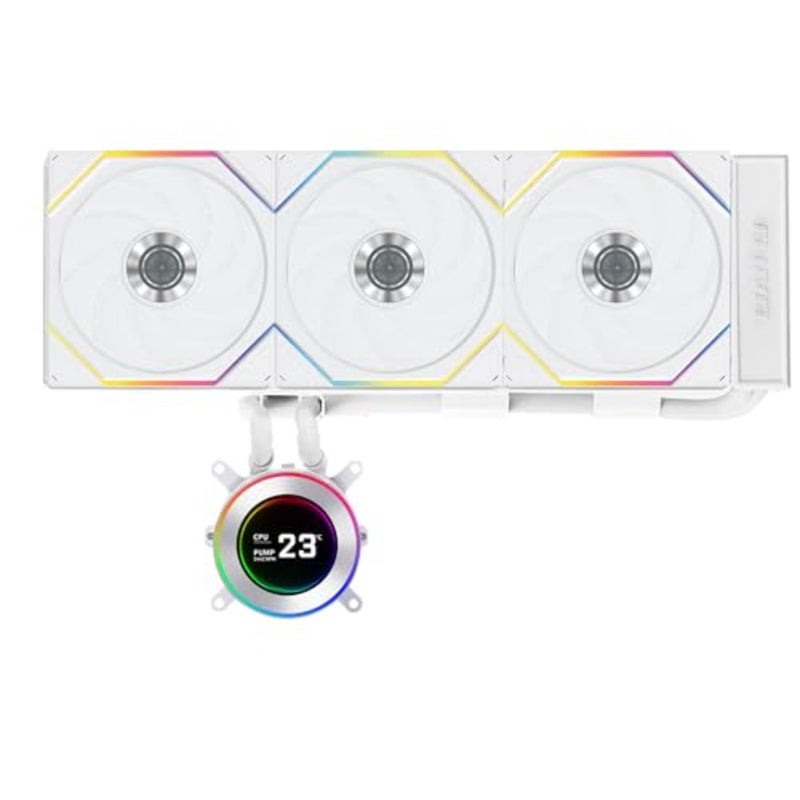 Hydroshift II 360 RGB Liquid CPU Cooler for desktop PCs, white plastic and aluminum, white color, 360mm AIO with 3x 120mm RGB fans, 2.1 IPS LCD screen, 3 control modes, flexible tube clamp, compatible with LGA 1851/1700 and AMD AM5/AM4 - Image 2