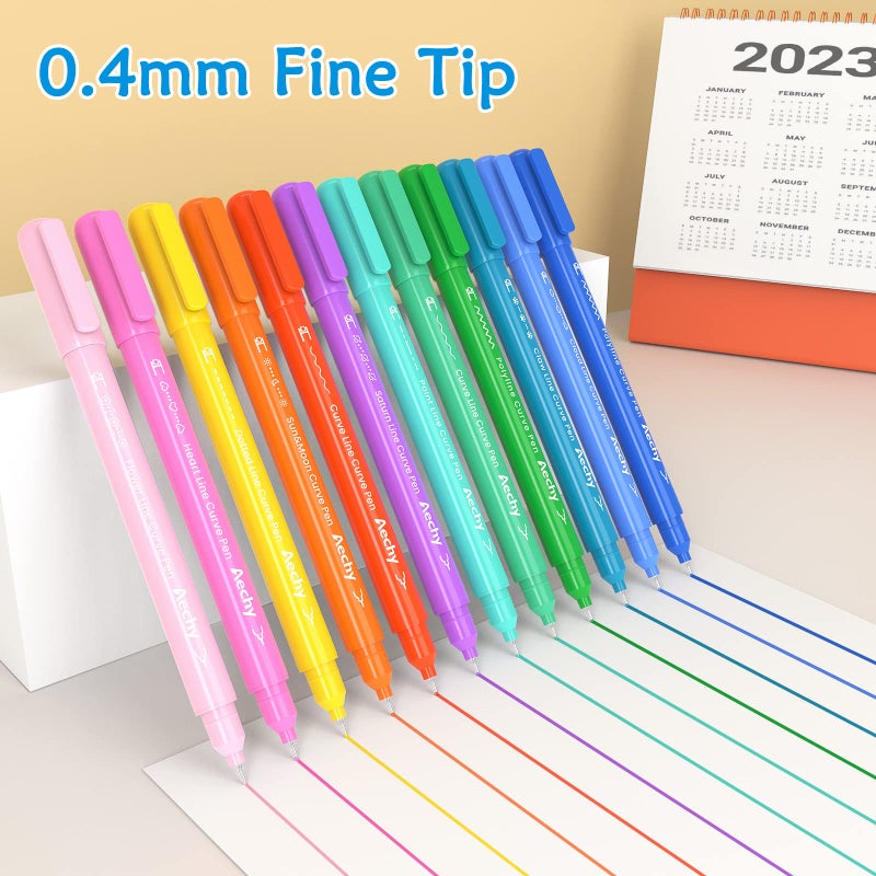 AECHY 12Pcs Dual Tip Markers Pens for Note Taking, Curve Highlighter with 10 Different Curv Shapes & 12 Colors Fine Lines, Colored Curve Pen for Students,Planners,Teachers, Scrapbook Supplies - Image 4