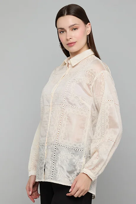 R&b Embroidered Organza Shirt with Classic Collar and Long Sleeves