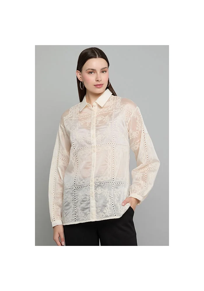 أر أند بي Embroidered Organza Shirt with Classic Collar and Long Sleeves