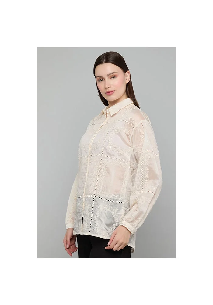 أر أند بي Embroidered Organza Shirt with Classic Collar and Long Sleeves