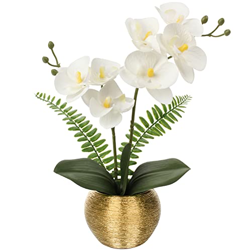 Briful Orchids Artificial Flowers 13'' Fake Orchid Flowers in Gold Ceramic Vase Silk Phalaenopsis White Orchid Flowers for Home Office Wedding Party Table Centerpiece Decor - Image 1
