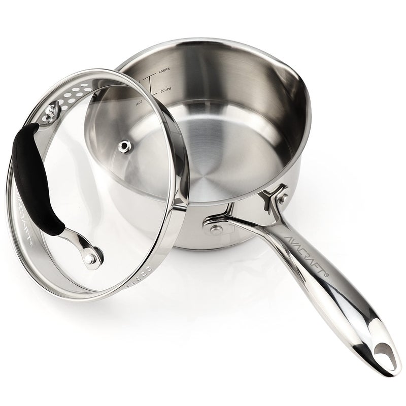 AVACRAFT Multipurpose Sauce PanPot Stainless Steel with Glass Strainer Lid Two Side Spouts for Easy Pour with Ergonomic Handle 5Ply Capsule Bottom 15 Quart