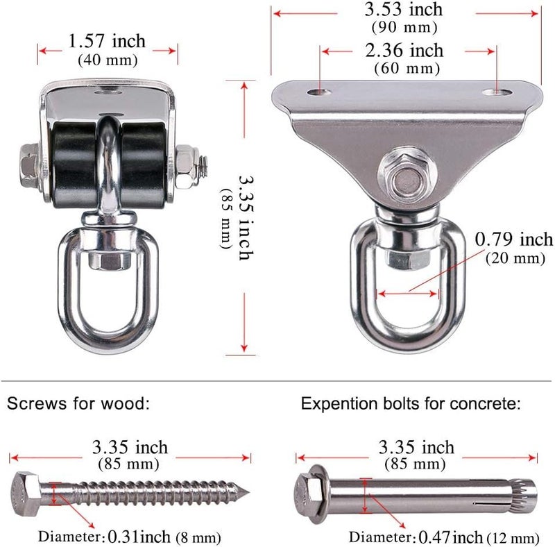 BeneLabel Silent Heavy Duty Swing Hangers - 2 Pack Stainless Steel 360Â° Swivel Hooks with Screws - Rustproof, Smooth, and Quiet - for Hammocks, Porch Swings, Punching Bags - Image 4