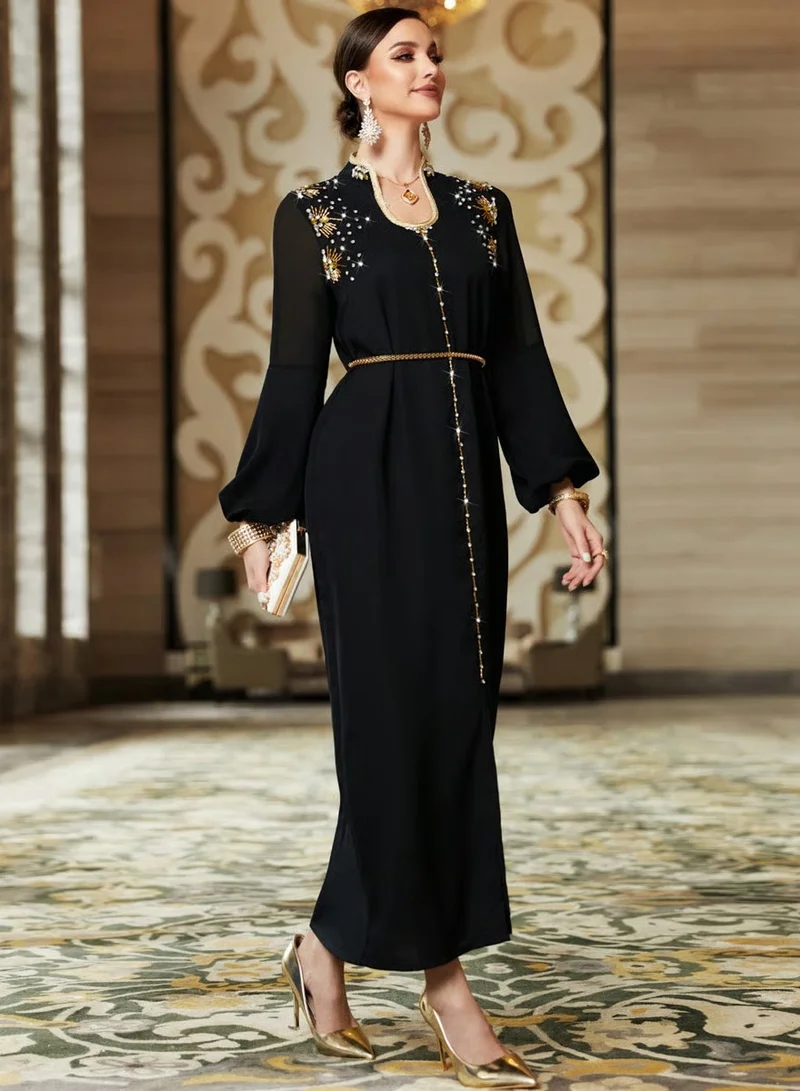 تايك تو Women Black Rhinestone Embellished Jalabiya