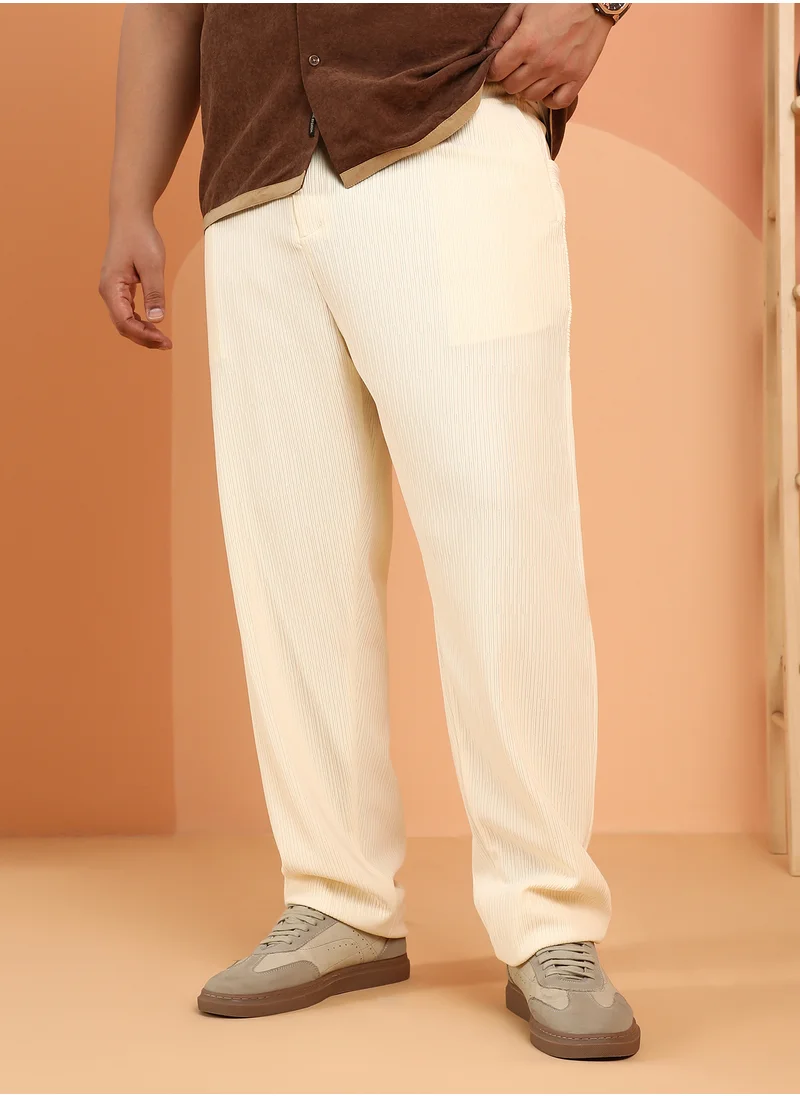 Instafab Plus Instafab Plus Men's Cream White Indie-Woven Tailoured Trousers For Casual Wear | Mid-Rise | Regular Fit | Button Closure | Plus Size Trousers Crafted With Comfort Fit For Everyday Wear