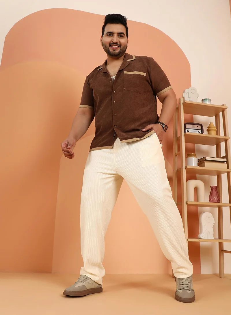 Instafab Plus Instafab Plus Men's Cream White Indie-Woven Tailoured Trousers For Casual Wear | Mid-Rise | Regular Fit | Button Closure | Plus Size Trousers Crafted With Comfort Fit For Everyday Wear