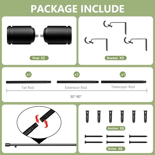 Edidonson 5/8” Diameter Curtain Rods 30-90 Inch, for 30-84 Inch Windows, Adjustable Splicing Black Curtain Rods for Windows with Brackets, Window Rod Long Small Curtains Rod - Image 3
