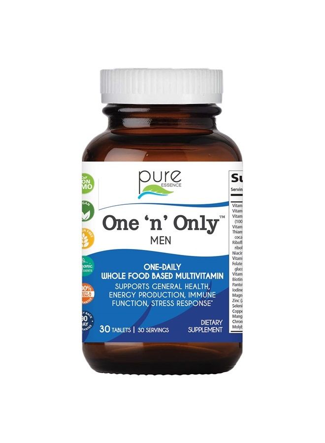 PURE ESSENCE LABS One N Only Multivitamin for Men, Natural One a Day Herbal Supplement with Vitamin D3, B12, and Biotin with Whole Foods, 30 Tablets