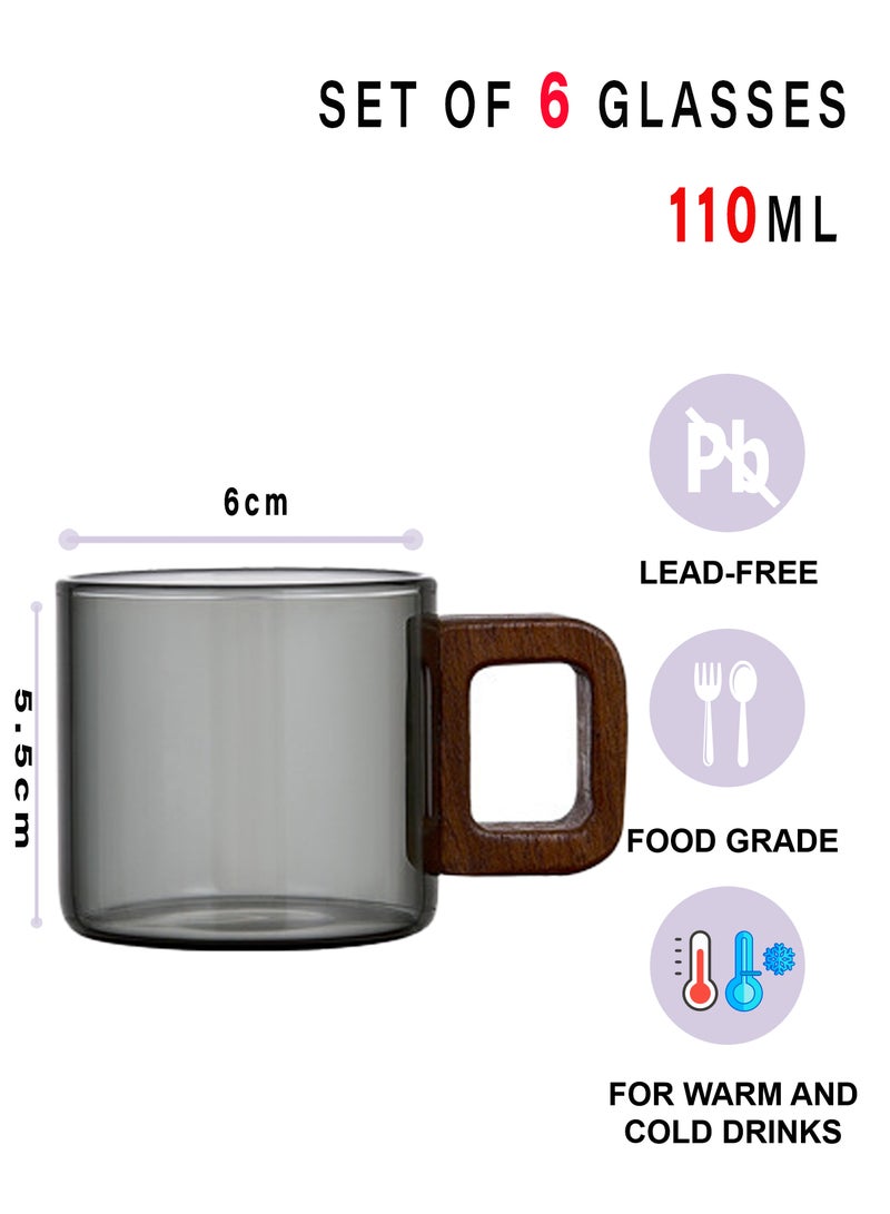 6 - Pack Transparent Black 110Ml High Borosilicate Glass Cups With Wooden Handles – Round Design For Tea & Coffee Serving - Image 2