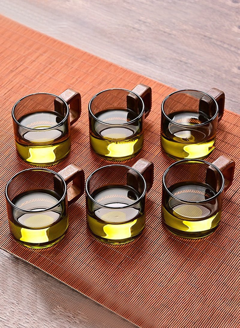 6 - Pack Transparent Black 110Ml High Borosilicate Glass Cups With Wooden Handles – Round Design For Tea & Coffee Serving - Image 1