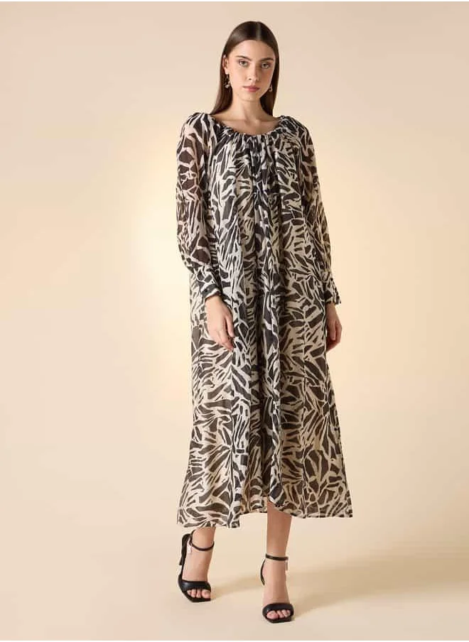 Iconic Iconic Printed Trapeze Dress with Long Sleeves